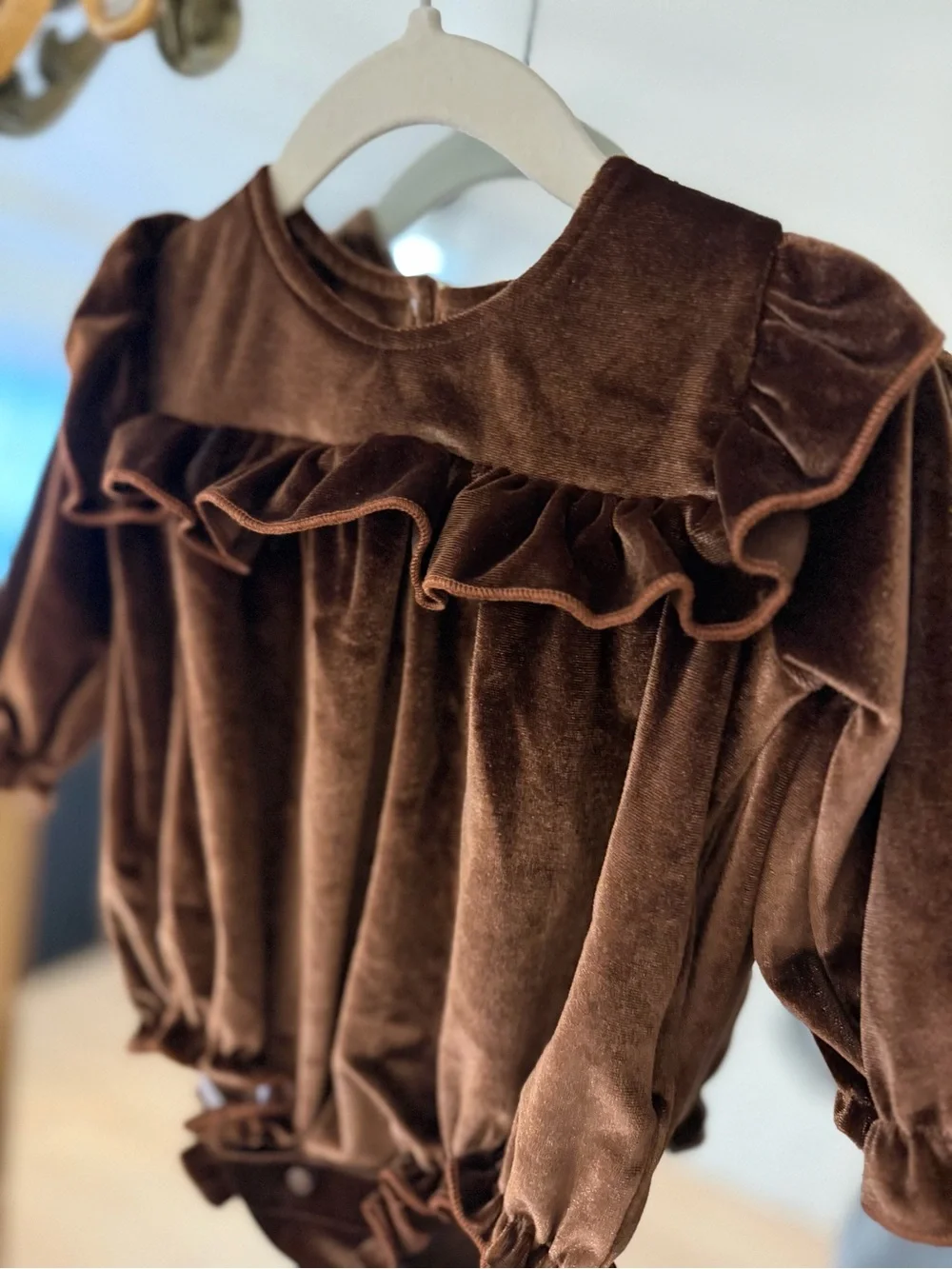Velvet Ruffle Baby Romper - Rich Chocolate Brown